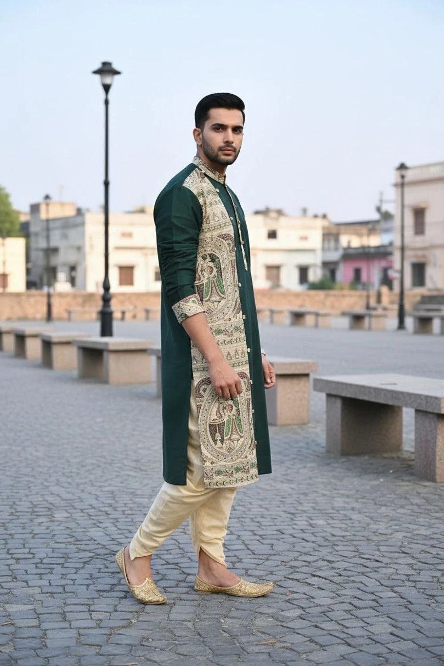 ₹800 Dark Green Printed Cotton Silk Kurta for Men | Dussehra 2026