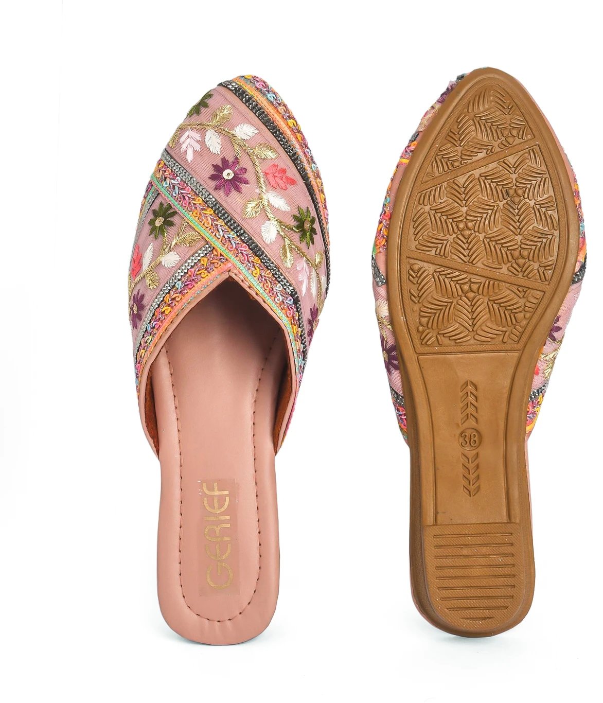 ₹310 Gold Flats for Women – Embroidered Ethnic Party Footwear