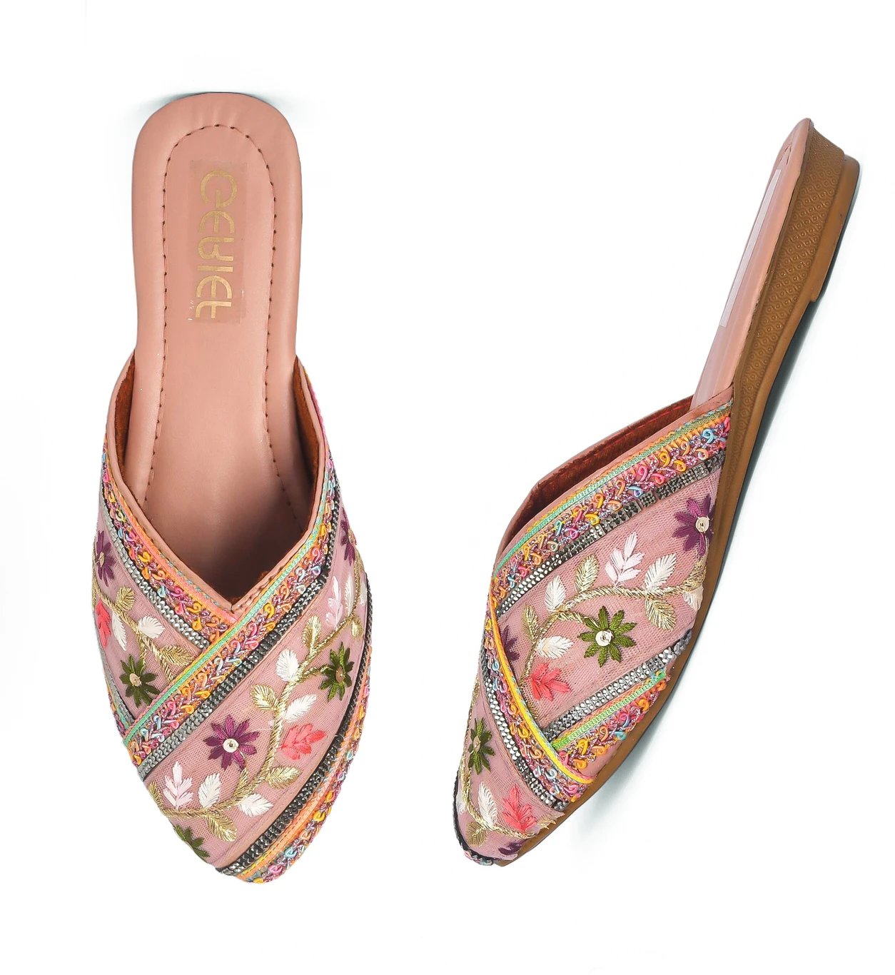₹310 Gold Flats for Women – Embroidered Ethnic Party Footwear