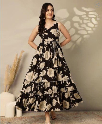 ₹748 GULMOHAR JAIPUR Black Printed Cotton Flared Dress