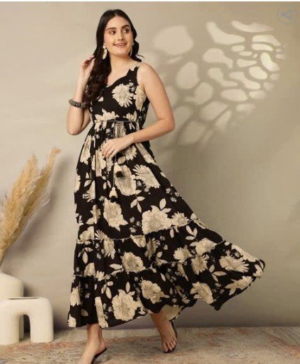 ₹748 GULMOHAR JAIPUR Black Printed Cotton Flared Dress