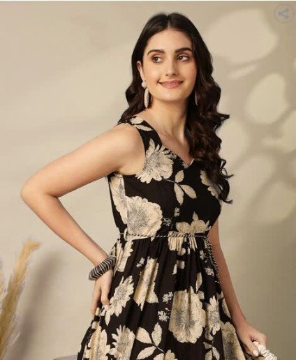 ₹748 GULMOHAR JAIPUR Black Printed Cotton Flared Dress