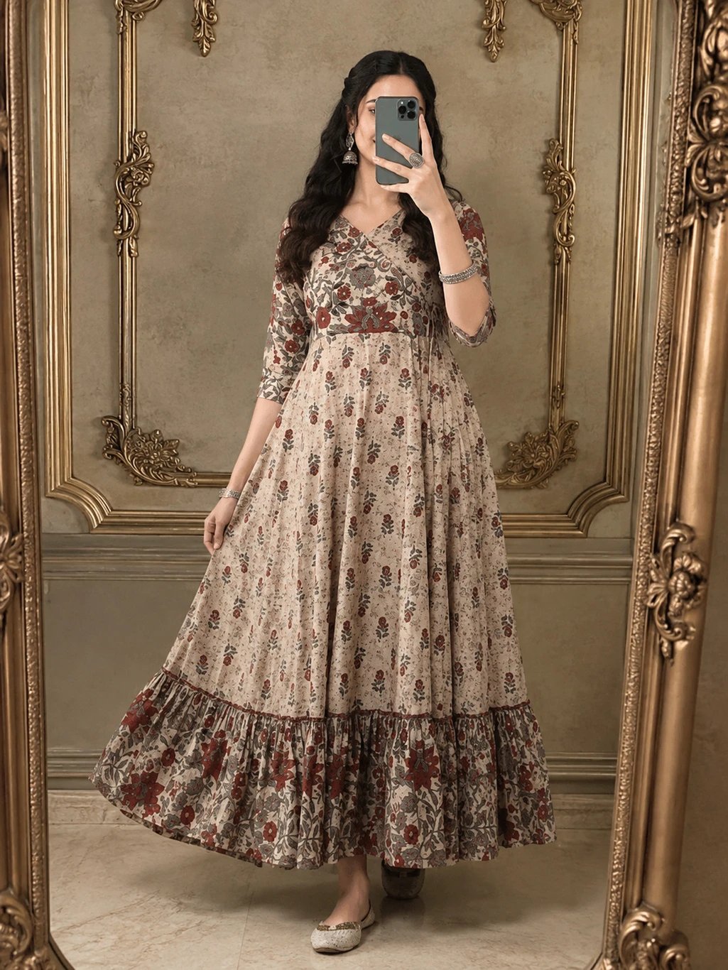 ₹429 UniqueKurti Beige Floral Anarkali Gown for Women