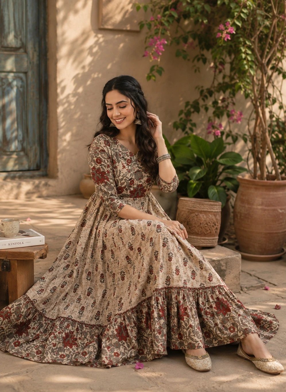 ₹429 UniqueKurti Beige Floral Anarkali Gown for Women