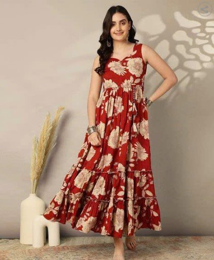 ₹748 GULMOHAR JAIPUR Maroon Printed Cotton Flared Dress