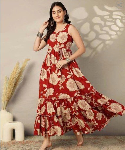 ₹748 GULMOHAR JAIPUR Maroon Printed Cotton Flared Dress