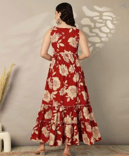 ₹748 GULMOHAR JAIPUR Maroon Printed Cotton Flared Dress