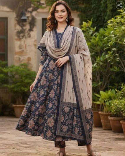 ₹586 PITRIS Floral Print Anarkali Kurta Set with Pants and Dupatta