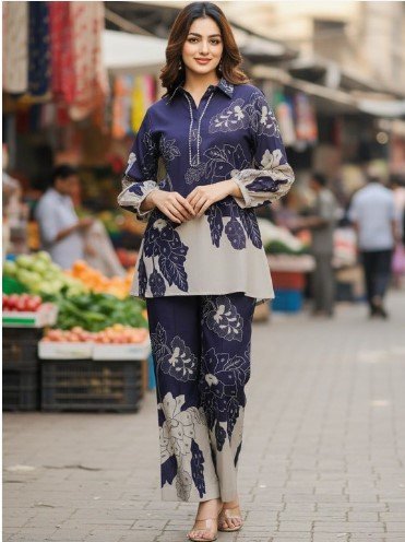 ₹709 SZN Navy Blue Printed Tunic with Palazzos Co-Ord Set
