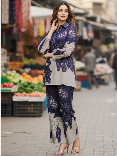 ₹709 SZN Navy Blue Printed Tunic with Palazzos Co-Ord Set
