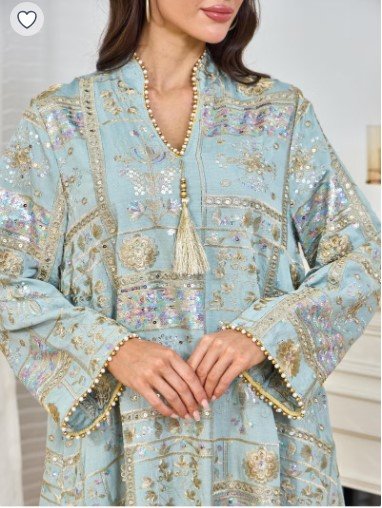 129.20 SAR Light Blue Embroidered Jalabiya with Sequins and Tassels