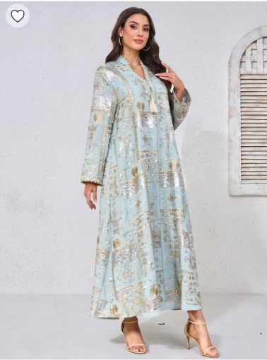129.20 SAR Light Blue Embroidered Jalabiya with Sequins and Tassels