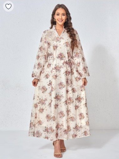 135.15 SAR Beige Floral Jalabiya with Waist Tie for Elegant Modest Style
