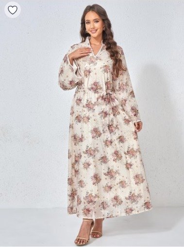 135.15 SAR Beige Floral Jalabiya with Waist Tie for Elegant Modest Style