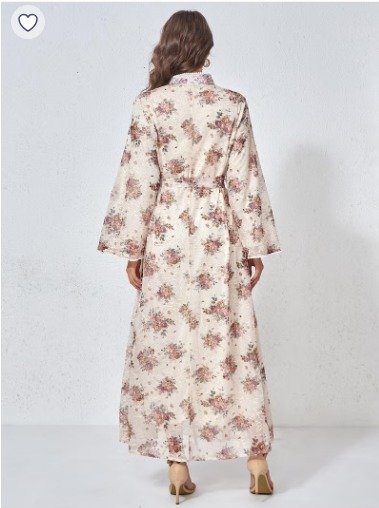 135.15 SAR Beige Floral Jalabiya with Waist Tie for Elegant Modest Style