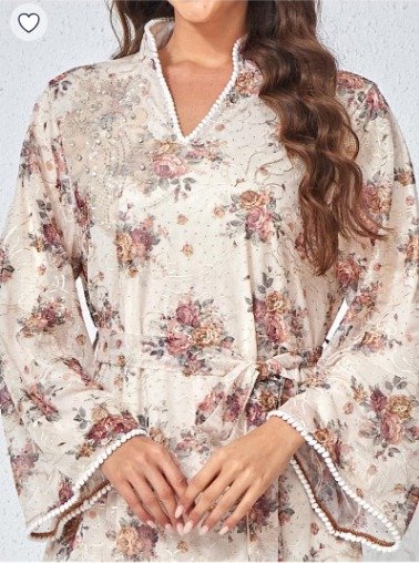 135.15 SAR Beige Floral Jalabiya with Waist Tie for Elegant Modest Style