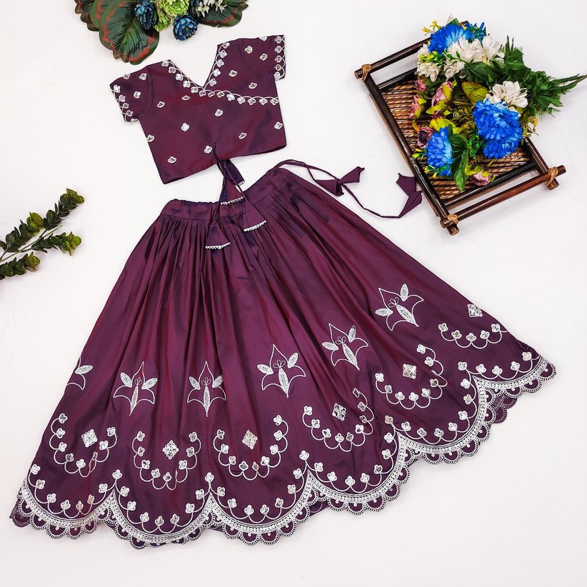 ₹666 Purple Girls Embroidered Lehenga Choli for Festive and Wedding Wear